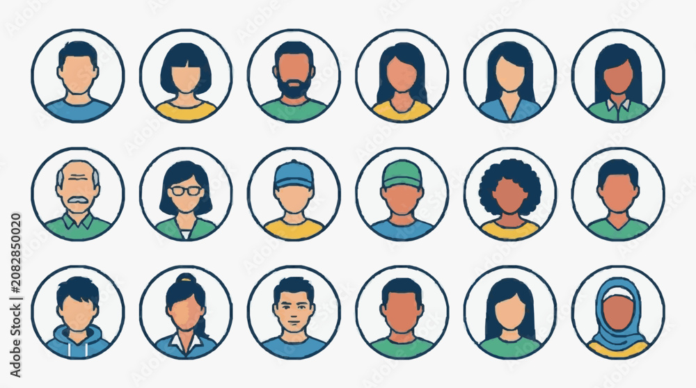 Fototapeta premium Dynamic Set of Diverse Illustrated Avatars Showcasing Various Hairstyles Beards Glasses and Attire in Flat Design