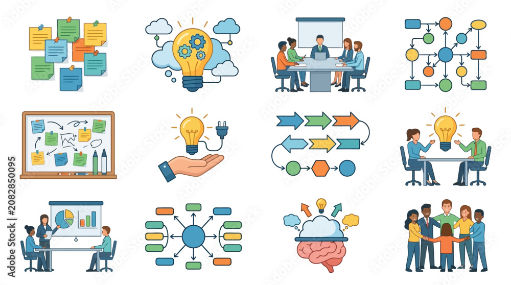 Fototapeta premium Corporate Brainstorming and Strategic Planning Visual Guide with Team Collaboration and Process Flow Diagrams