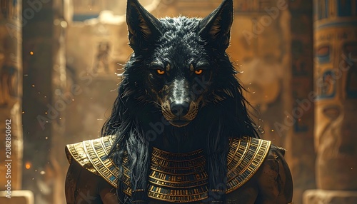 Mythical jackal headed deity in ancient egyptian attire front view