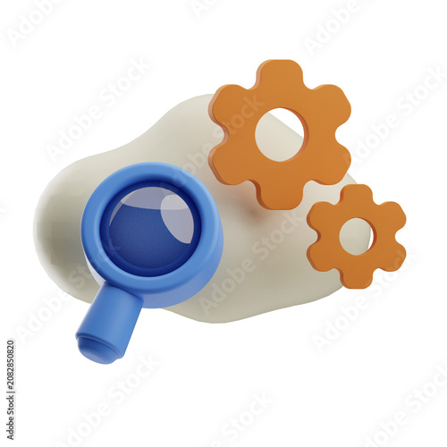 Blue magnifying glass and two orange gears placed on an irregular white abstract shape, symbolizing search and settings concepts.