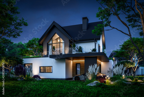 3d rendering of contemporary architectural luxury house exterior at night. Modern Scandinavian style family home, dramatic exterior lighting and garden landscaping at twilight