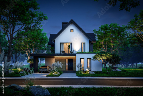 3d rendering of contemporary architectural luxury house exterior at night. Modern Scandinavian style family home, dramatic exterior lighting and garden landscaping at twilight
