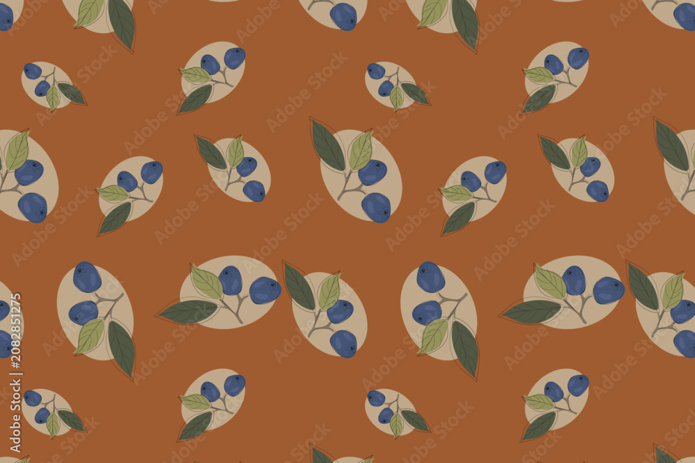 Fototapeta premium Bohemian block print blueberry leaf seamless pattern for gourmet tea packaging