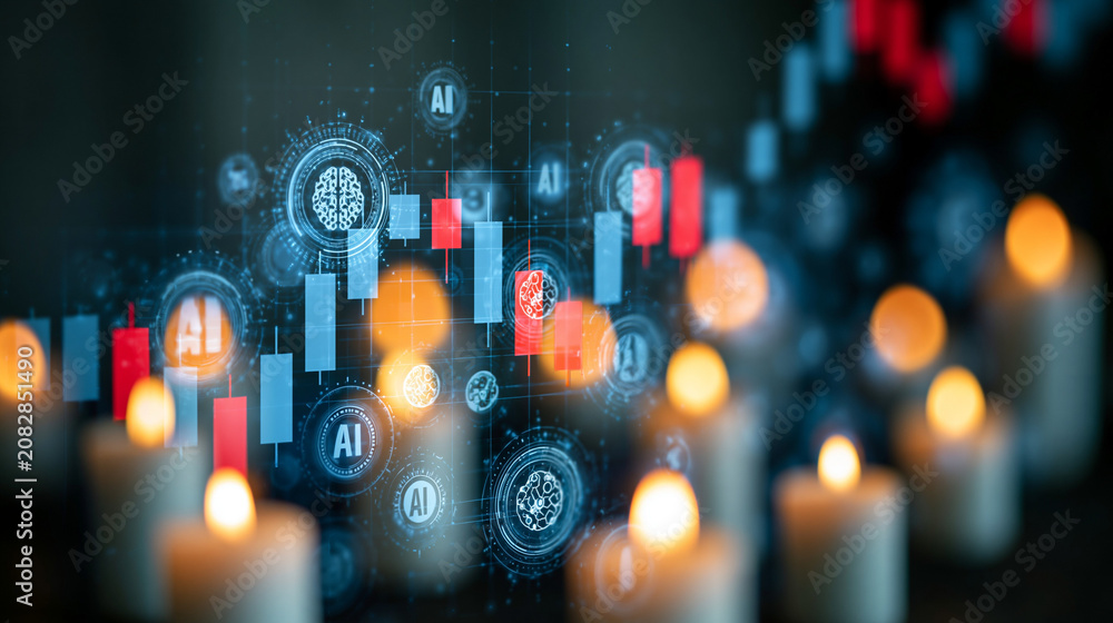 Fototapeta premium A digital illustration of a rising stock chart intertwined with AI-related icons, symbolizing the growing influence of AI in financial markets. The image is minimalistic with plenty of copy space,