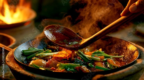 Steaming Wok Stir Fry with Wooden Spoon and Fire Flames in Rustic Kitchen Setting