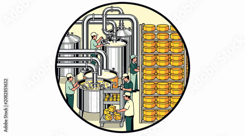 Cheese Production in Factory: Dairy Process, Workers and Food Manufacturing