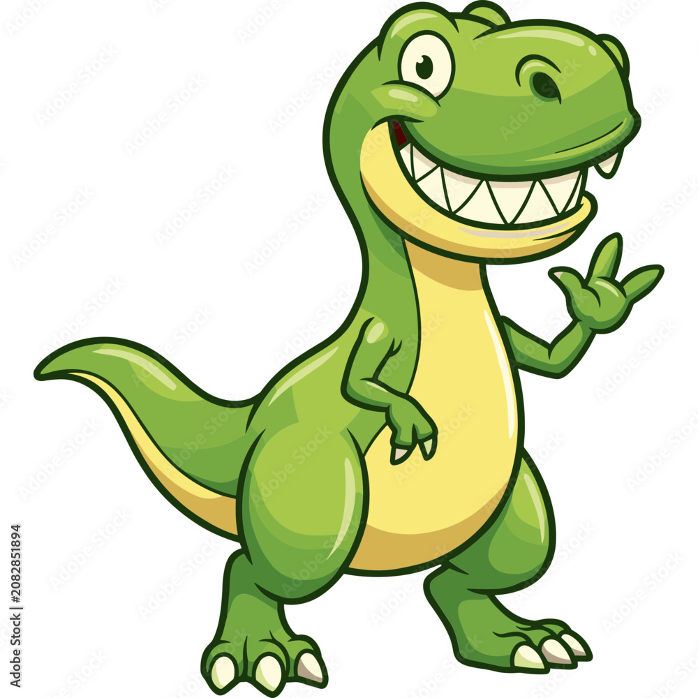 Fototapeta premium A cartoon dinosaur waves happily on a white background with its green scaly body and sharp teeth.