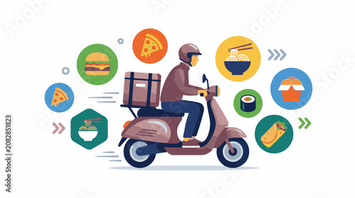 Delivery person on scooter brings various food items around town
