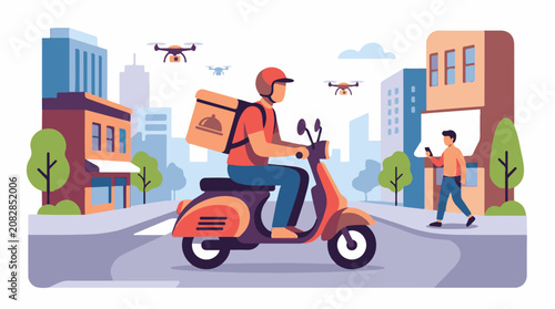 Delivery person on scooter drones flying and person on phone