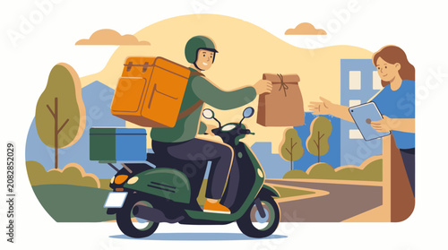 Delivery person on scooter gives package to woman holding tablet