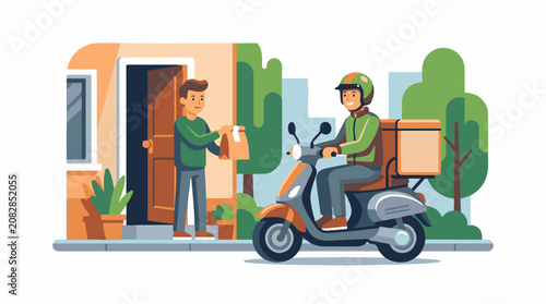 Delivery person on scooter hands food bag to person at home