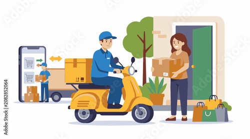 Delivery person on scooter hands package to happy person at door