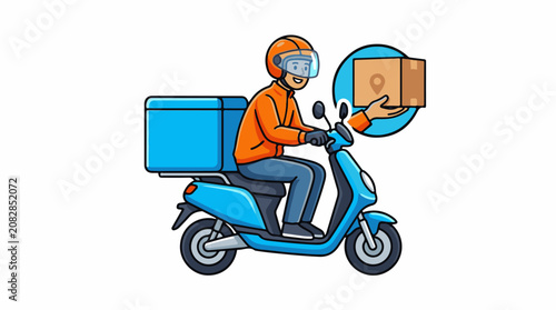 Delivery person on scooter hands a package with a location pin