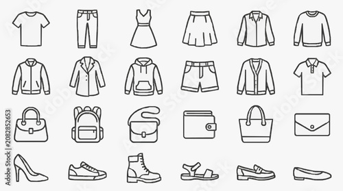 Elegant Black and White Line Drawing Set of Clothing Accessories and Footwear Icons for Fashion Design
