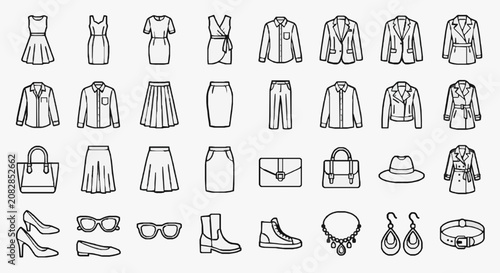 Elegant Black and White Line Drawing Set of Vintage Fashion Icons Including Dresses Skirts Blouses Suits Shoes Accessories