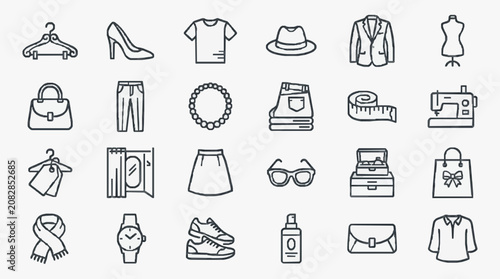 Elegant Black and White Line Drawing Set of Fashion and Accessory Icons for Clothing Brand E commerce or Apparel Website