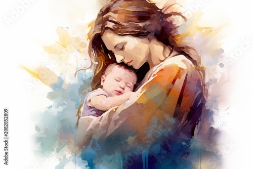 Mother cradling her sleeping baby with affection, created in a watercolor painting style