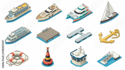 Fotografía Colorful Isometric Collection of Ships and Maritime Symbols.
