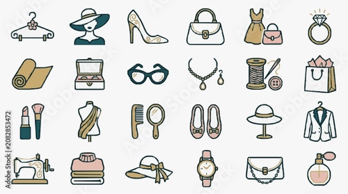 Dynamic Vintage Inspired Flat Set of Fashion and Beauty Accessories in Beige Gold and Black with high quality professional line art symbols for modern creative design and digital branding projects