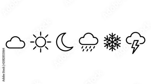 Φωτογραφία Weather forecast icons display various conditions including sun, moon, clouds, snow, and lightning on a white background