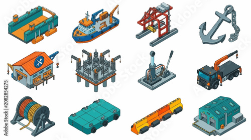 Colorful Isometric Industrial Vehicles and Equipment Collection.