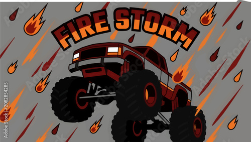 Konstfotografi Flat Vector Illustration of a Red Monster Truck Angled Below Falling Fire and Ra