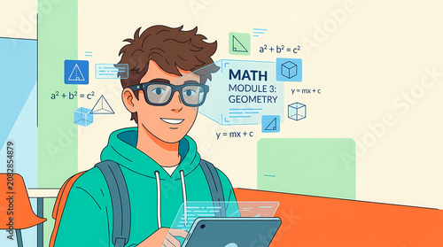 Student using tablet to learn geometry and math in classroom vector illustration
