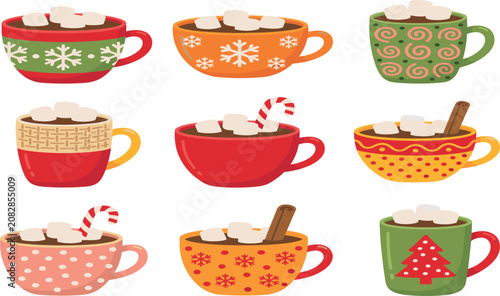 Art & ICute Christmas Hot Chocolate Mug Vector Set with Marshmallows and Candy Canes for Winter Holiday Designs, Greeting Cards, and Festive Graphic Elementsllustration