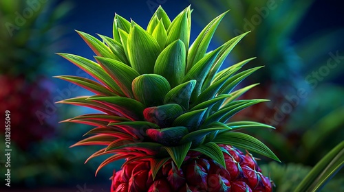 Vibrant pineapple crown with lush green leaves glowing in dramatic studio lighting against a blurred tropical background