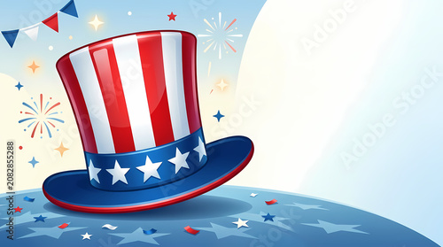 Retro American Uncle Sam Hat with Fireworks and Stars on Blue Starry Background - Festive Independence Day Celebration