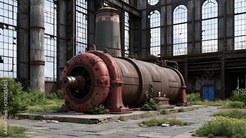 Vintage industrial turbine in abandoned factory with overgrown vegetation during daytime