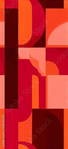 Abstract geometric seamless pattern featuring red and orange shapes. Abstract artwork displaying a grid of geometric shapes