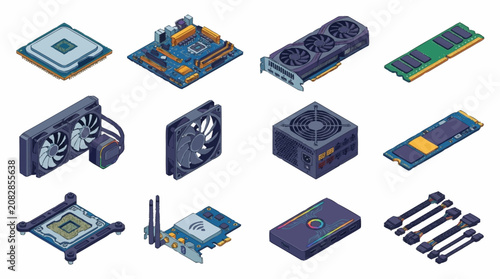 Collection of computer hardware components in isometric style.