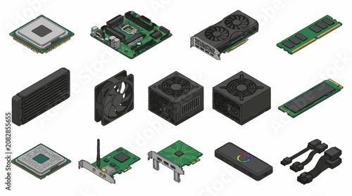 Assorted computer hardware components on white background.