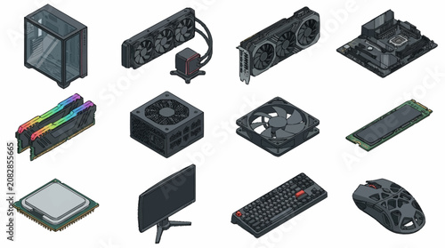 Assorted computer hardware components and peripherals collection.