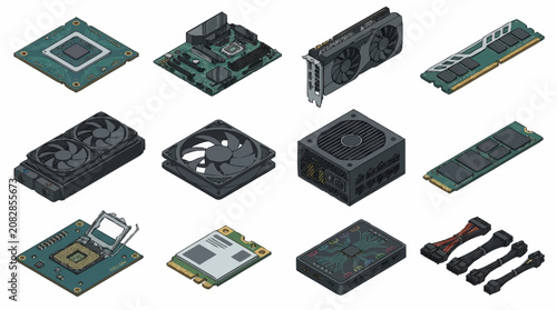 Collection of computer hardware components on display.