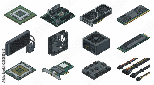 Assorted computer hardware components on display.