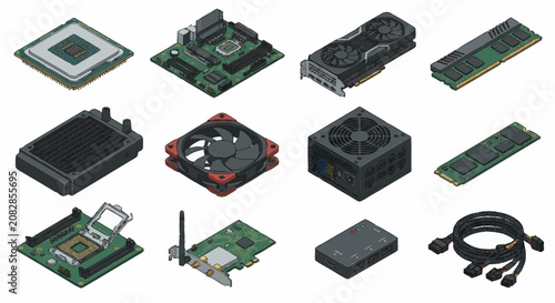 Assorted Computer Hardware Components Isolated on White.