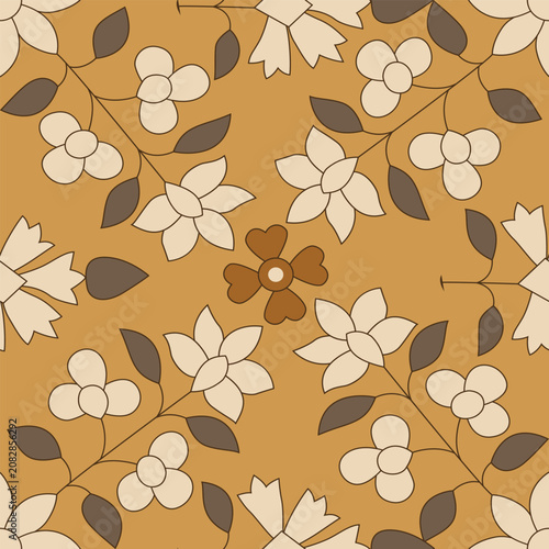 a brown and beige floral pattern with leaves and flowers.Floral Seamless Pattern Background with Beige and Brown Tones