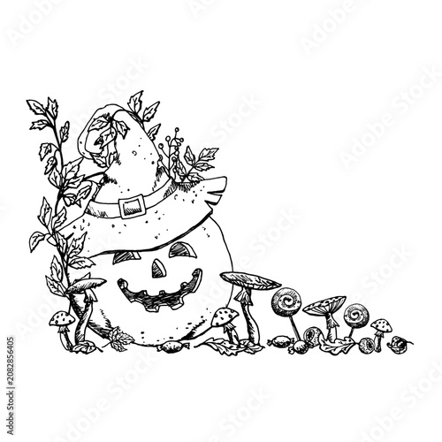 A monochrome illustration of an autumn Halloween pumpkin wearing a witch's hat. Mushrooms and ivy are hand drawn in ink in a simple style. A design for party invitations, posters, and greeting cards.