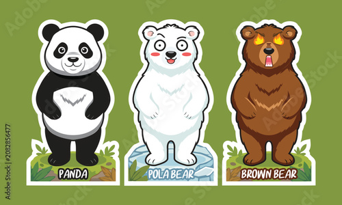 Vector set of funny bear stickers. Cute panda, shocked polar bear, and mad grizzly brown bear. Wild animals collection in flat style.