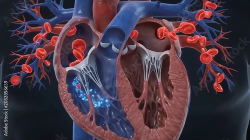 Medical 3d animation of human heart beating with blood circulation