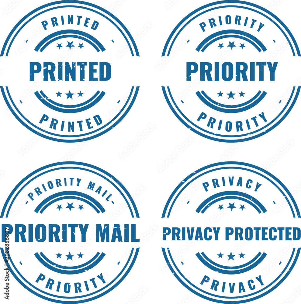 Obraz premium Set of four blue circular rubber stamps with shipping and priority mail text labels isolated