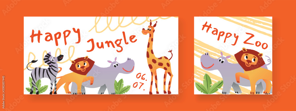 Fototapeta premium Set of Safari party cards with Zebra, Lion, Hippo and Giraffe, Leaf plants and lettering. Cute childish flat vector illustration for children, Greeting and Invitation