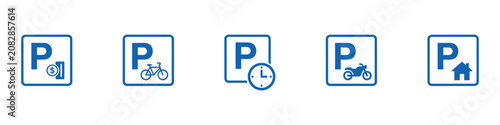 Blue Parking Regulations and Vehicle Icon Set. Coin, Bicycle, Clock, Time Limit, Motorcycle, House. Vector Illustration.