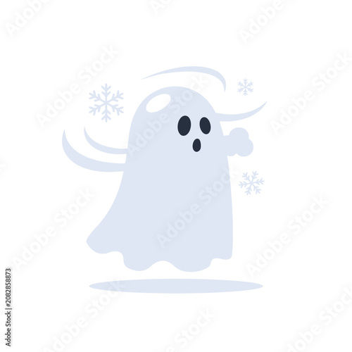 Cute ghost character floating with falling snowflakes minimalist for winter holiday and spooky season