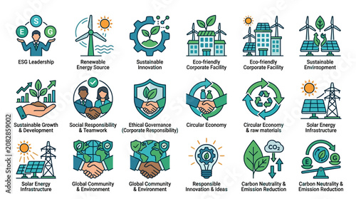 Sleek Illustrated Guide to Corporate Sustainability ESG Principles with Vibrant Icons Wind Turbines Solar Panels Green Buildings and Circular Economy Symbols