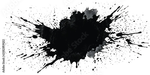 A grunge vector illustration of black ink splats and liquid paint splashes featuring dirty art textures, drips, and messy spray blots as a silhouette design element on a white background