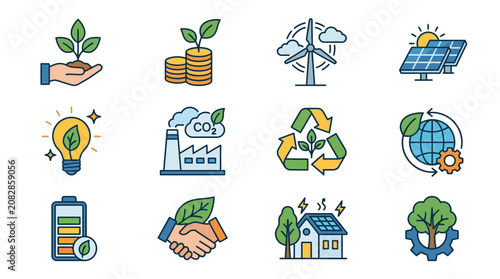 Dynamic Illustrated Icons Set Featuring Sustainable Energy Eco Friendly Concepts and Green Technology Solutions