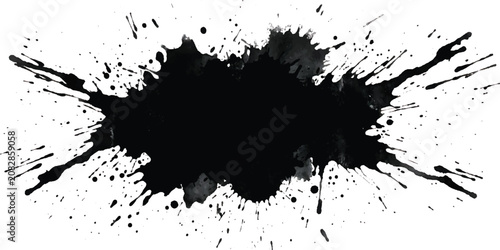 A grunge vector illustration of black ink splats and liquid paint splashes featuring dirty art textures, drips, and messy spray blots as a silhouette design element on a white background